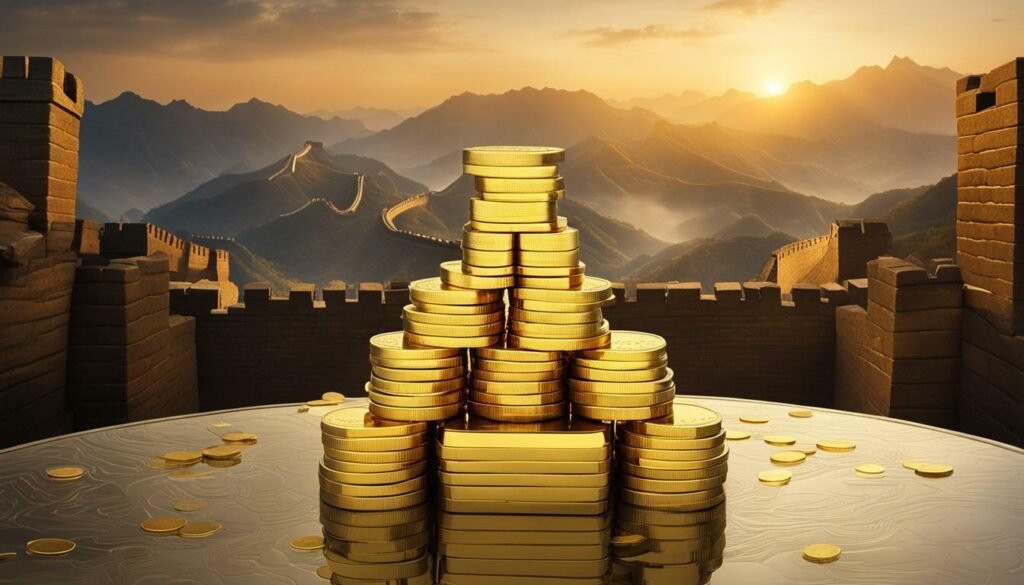 The image depicts a gold bar and a pile of gold coins, symbolizing China's growing dominance in the gold market.