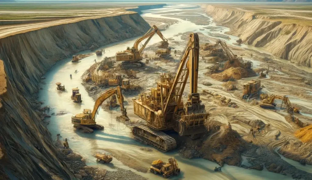 Heavy machinery used in illicit placer gold mining activities has damaged the riverbed and banks