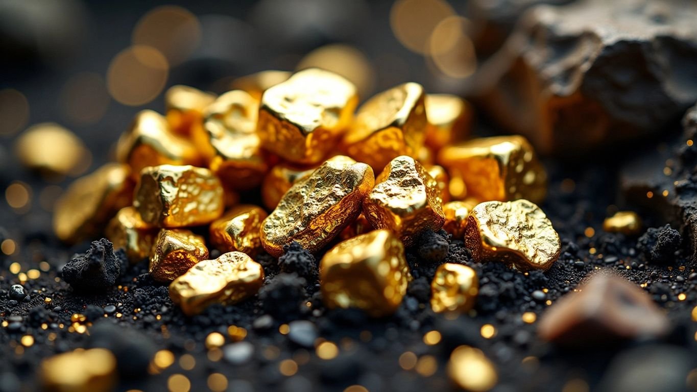 Close-up of gold nuggets in dark soil. Gold in the Earth