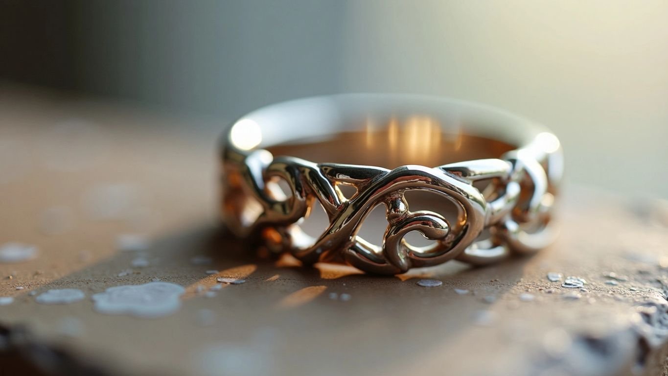 Close-up of a shiny white gold ring.