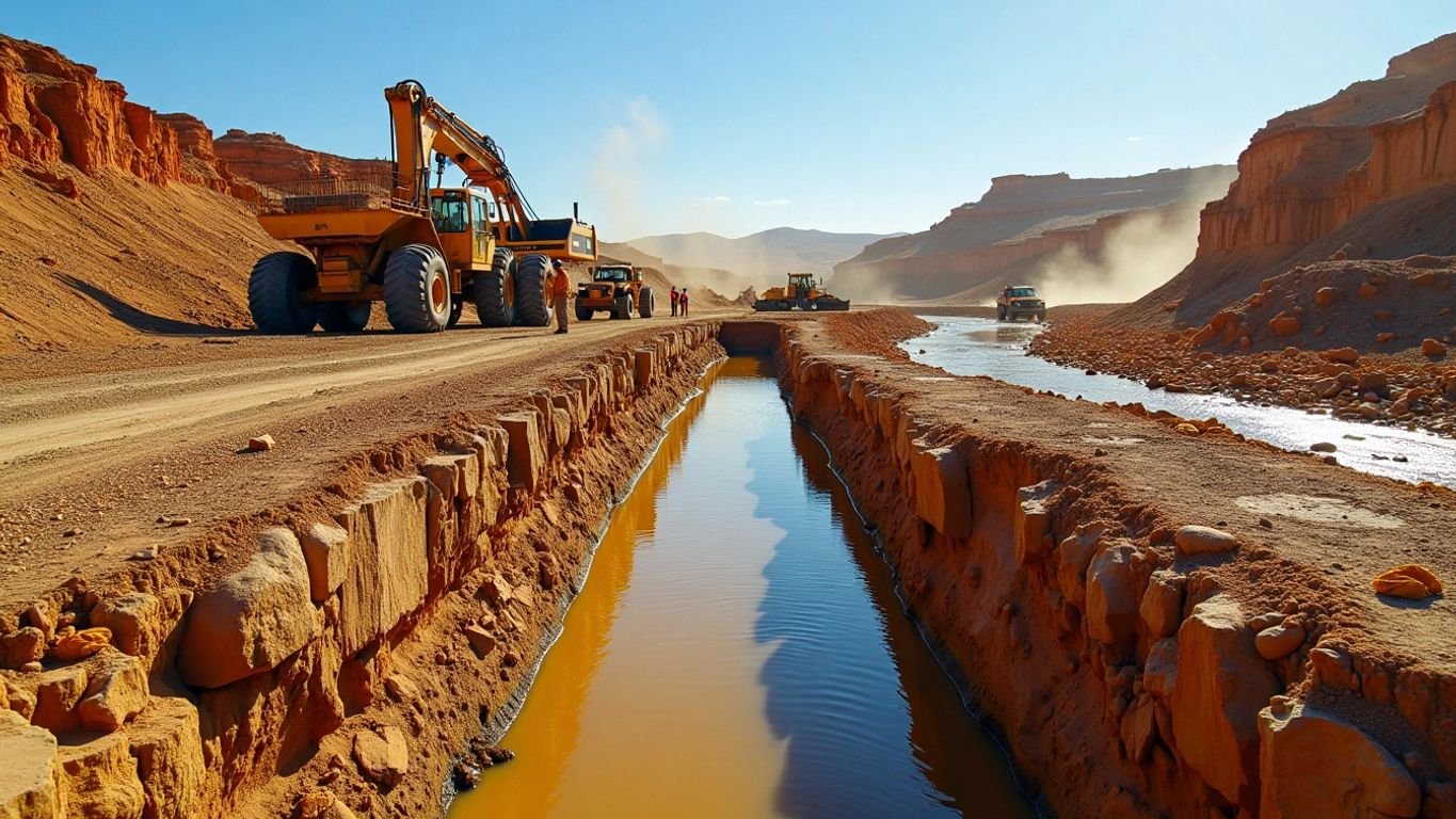 Hydraulic mining scene with workers and equipment in action.