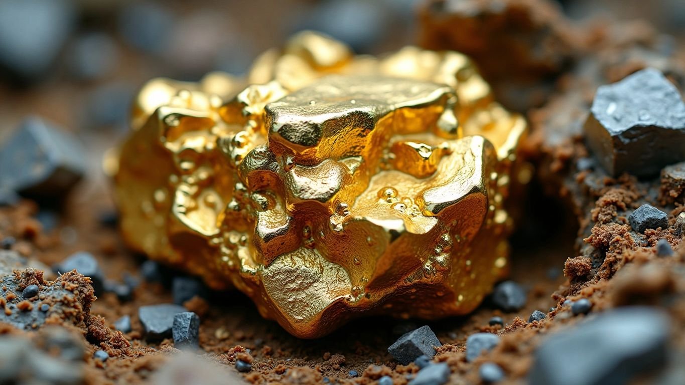 Close-up of shiny gold ore with rough texture. Secrets of Gold Ore