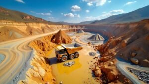 Aerial view of a gold mining site with machinery.Puregold Mining