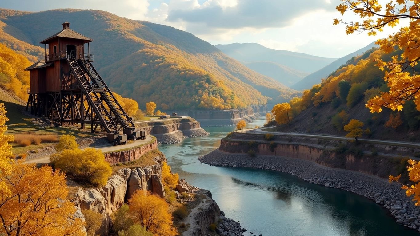 Arkansas hills with gold mining equipment and river.