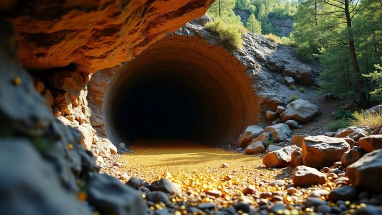 Hidden gold mine entrance in a dense forest.