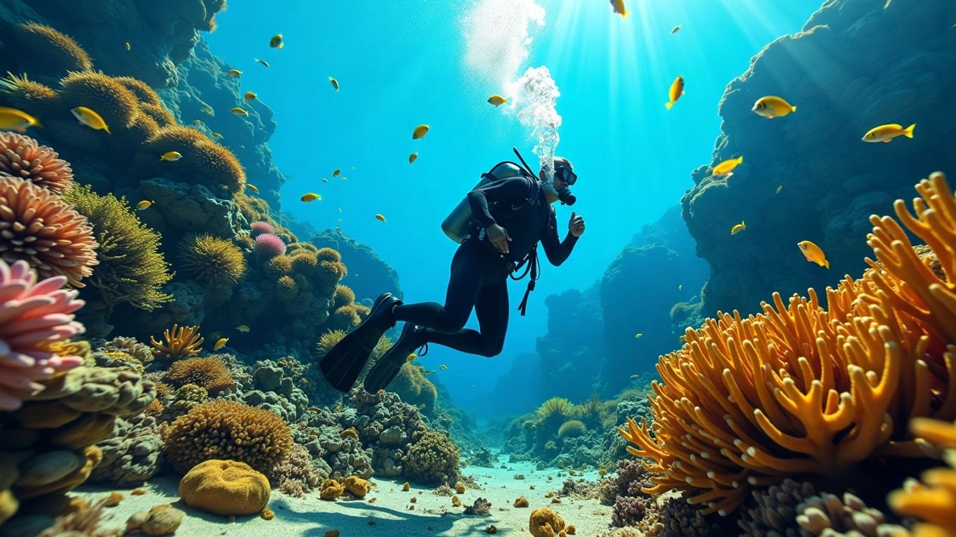 Diver amidst coral reefs with gold nuggets on ocean floor.Gold Mining Underwater