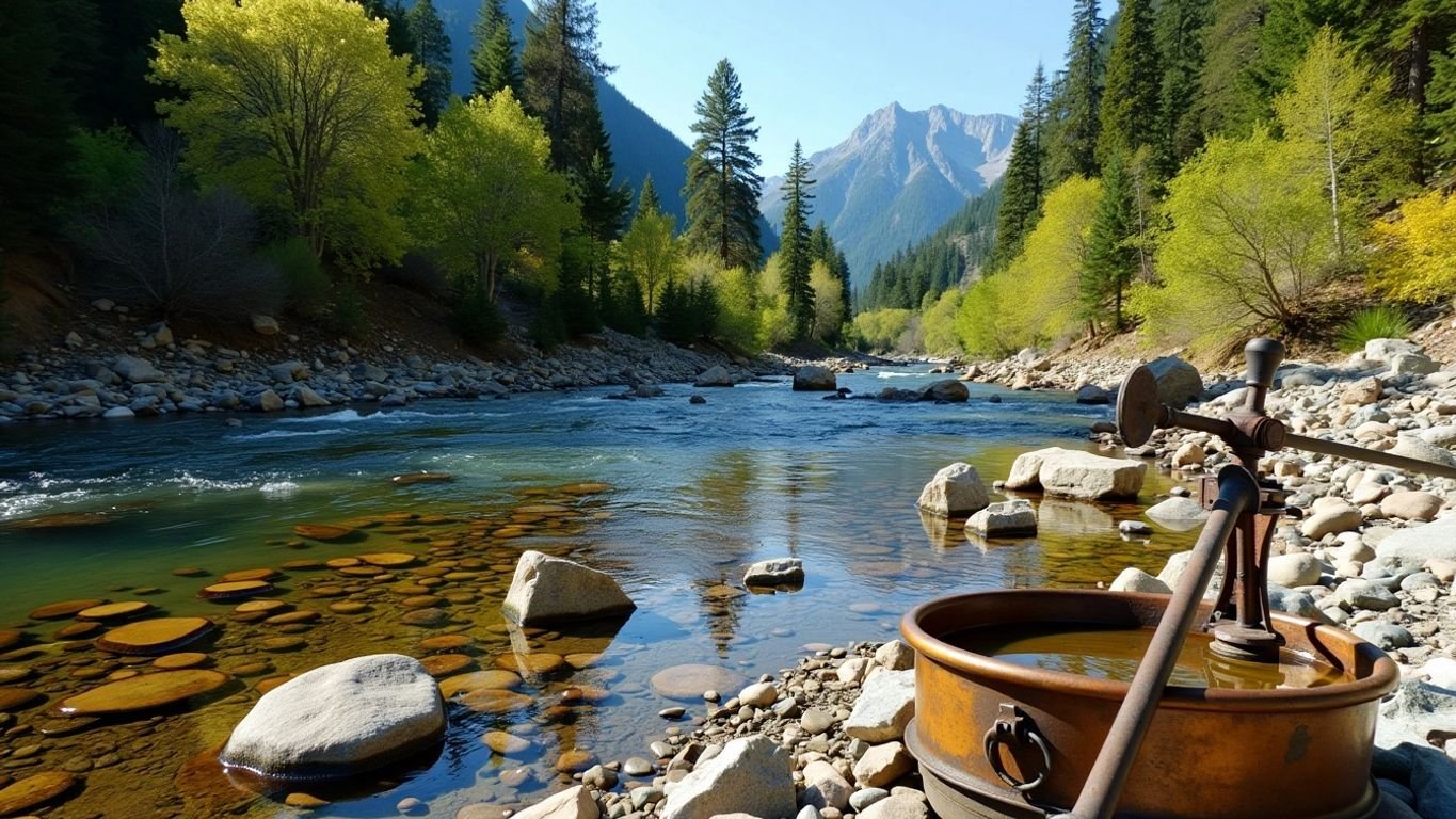 River with gold panning tools and green trees.