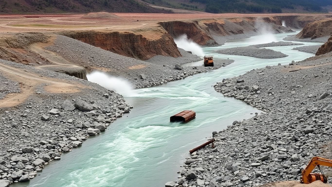 Hydraulic mining site with altered river and rocky terrain.