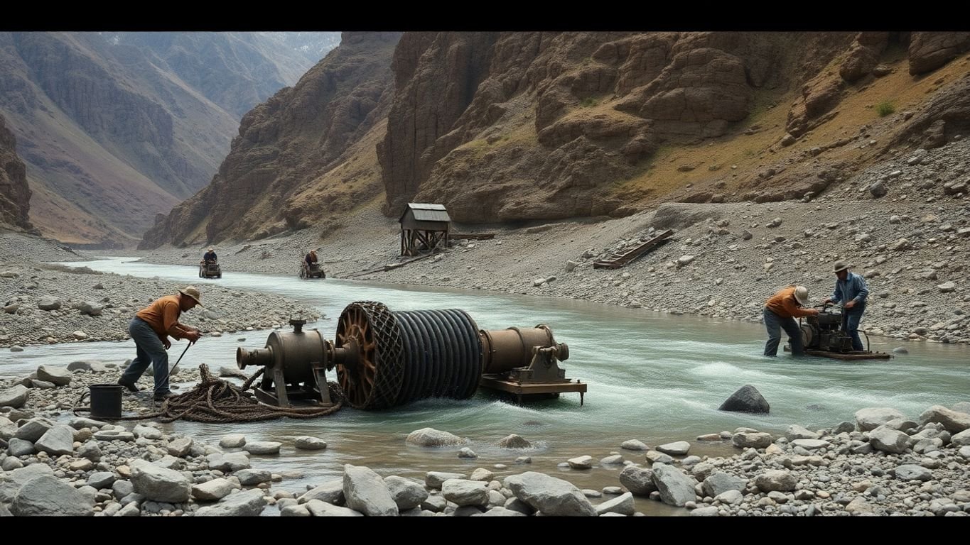 Miners operating hydraulic equipment in a riverbed.