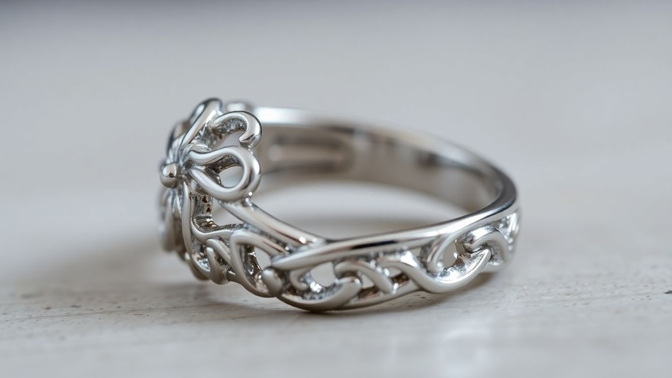 Close-up of a shiny white gold ring.