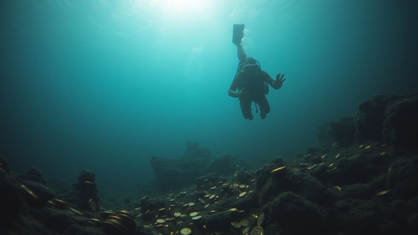 Diver with gold coins near a shipwreck underwater.