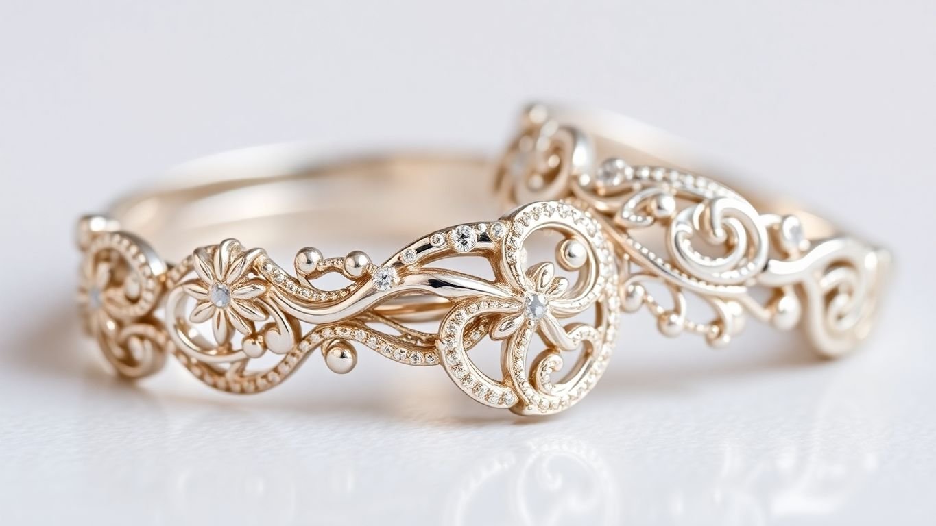 Close-up of intricate white gold jewelry.