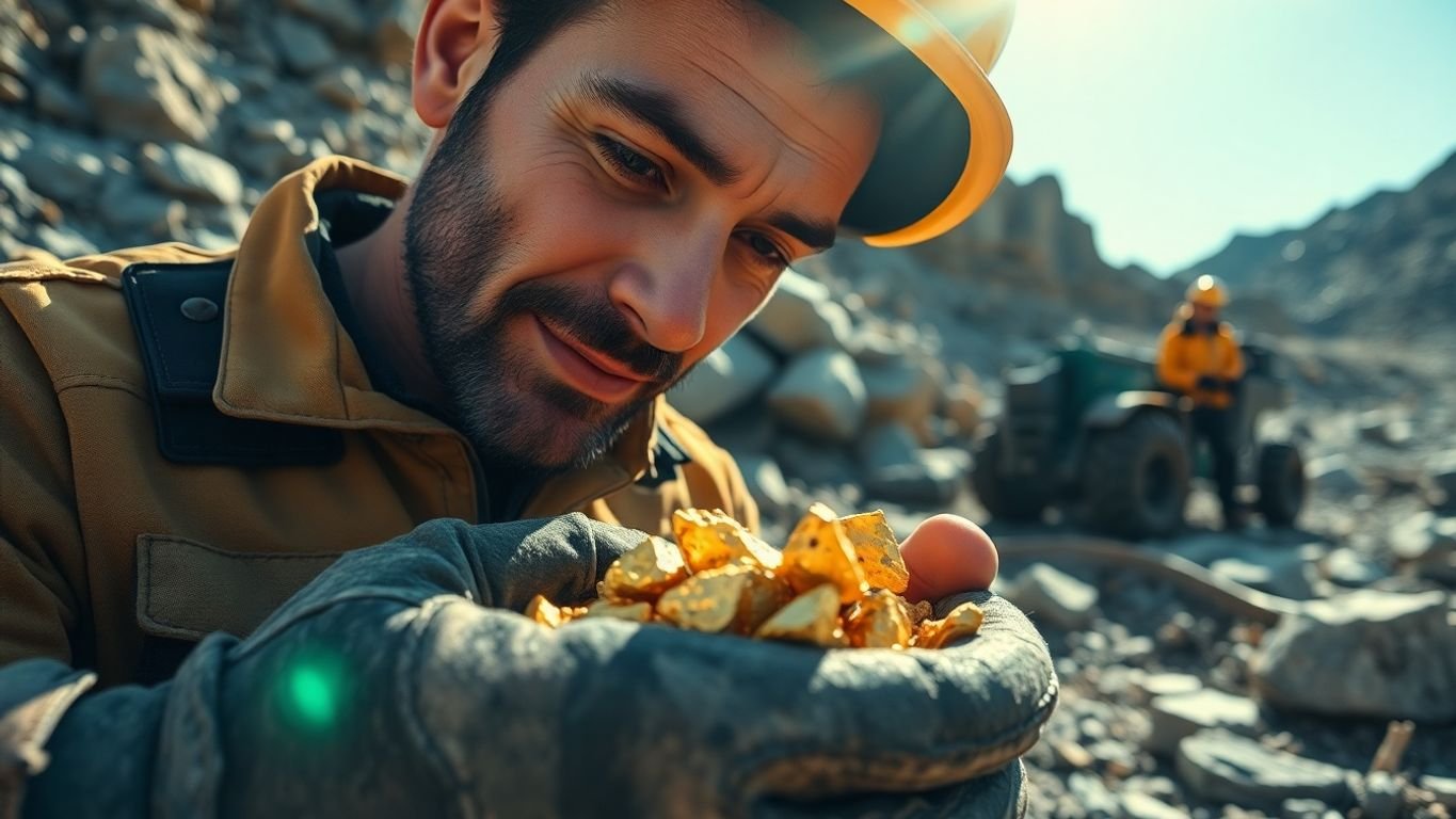 Miner inspecting pure gold nuggets in rugged terrain.Puregold Mining