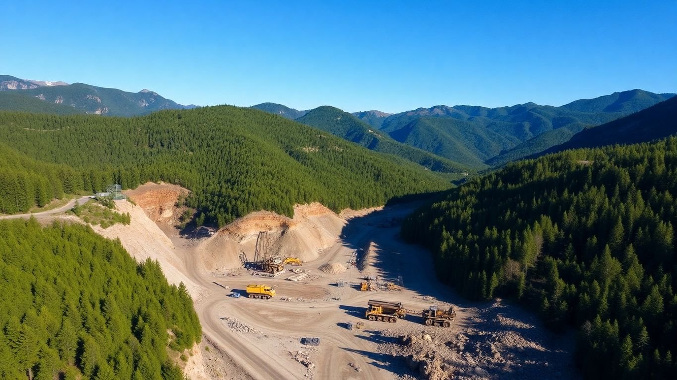 Aerial view of a gold mining site with machinery.