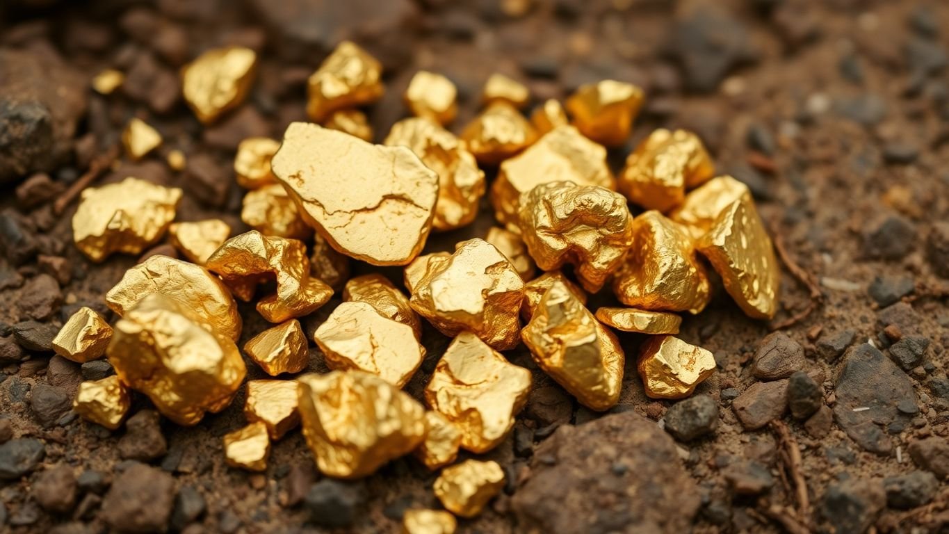 Close-up of shiny gold nuggets on rocky surface.