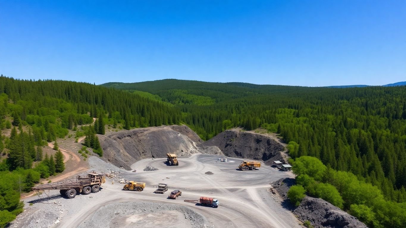 Aerial view of a gold mining site with machinery.