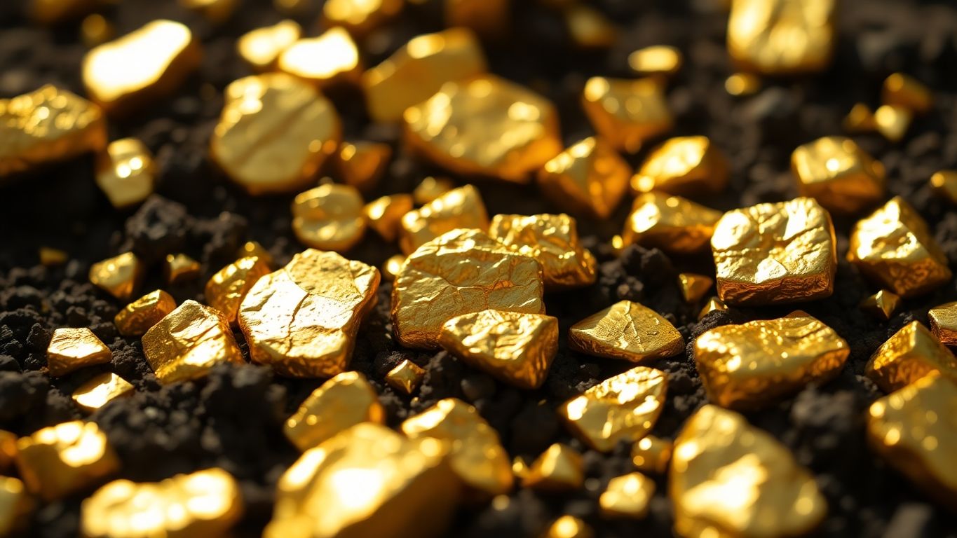 Close-up of gold nuggets in dark soil.Gold in the Earth