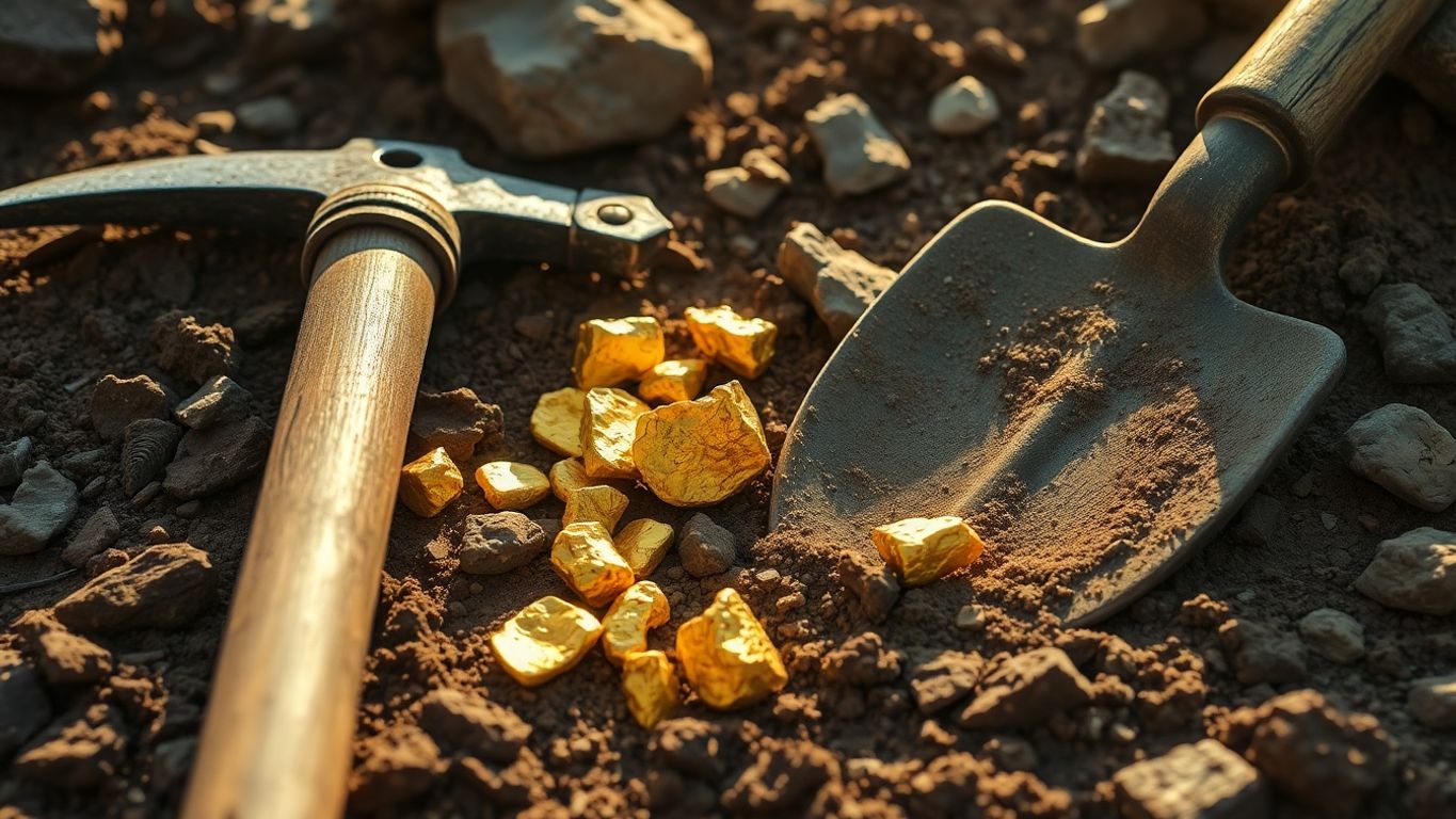 Ancient gold mining tools on dirt and rocks.