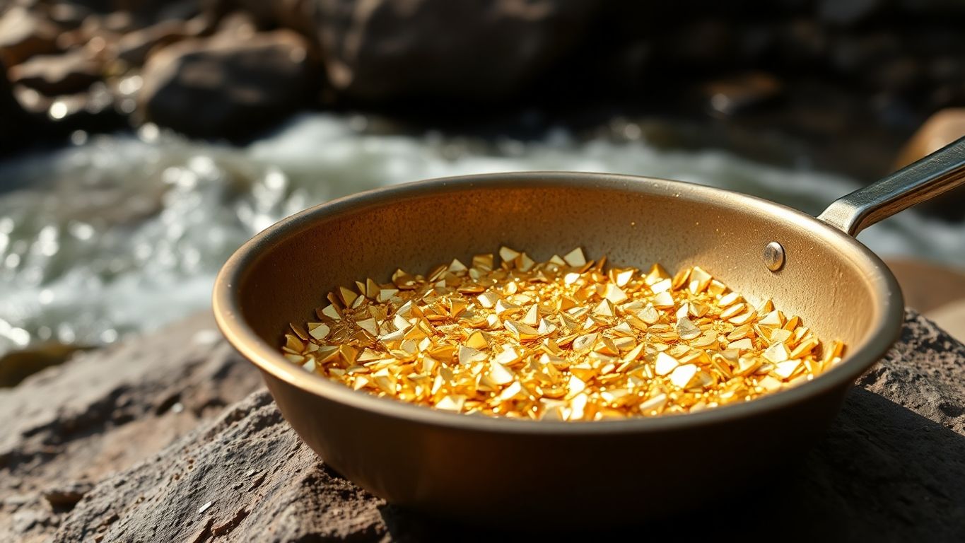 Gold pan with gold flakes in rocky landscape.