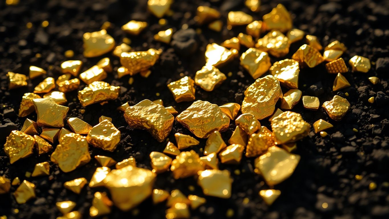 Close-up of gold nuggets on dark soil.