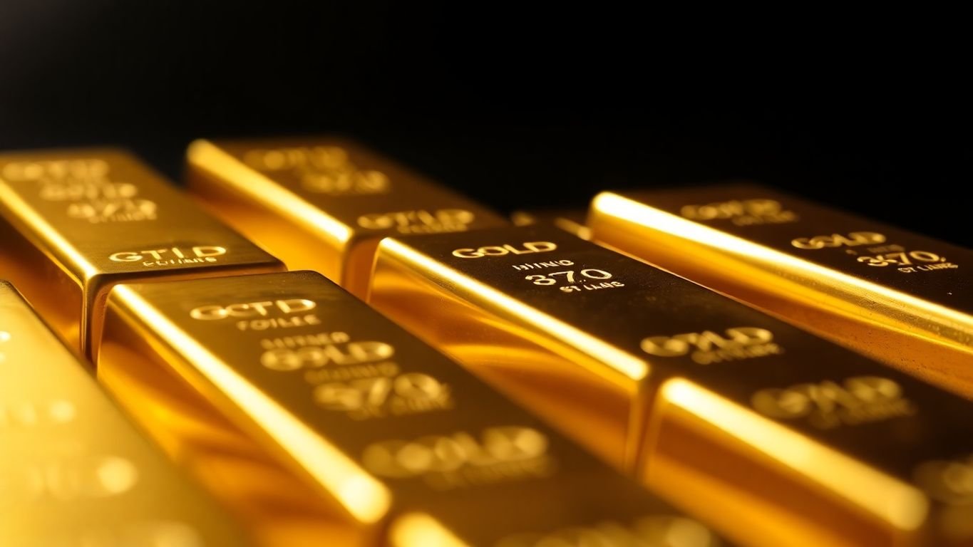 Close-up of shiny gold bars on dark background.