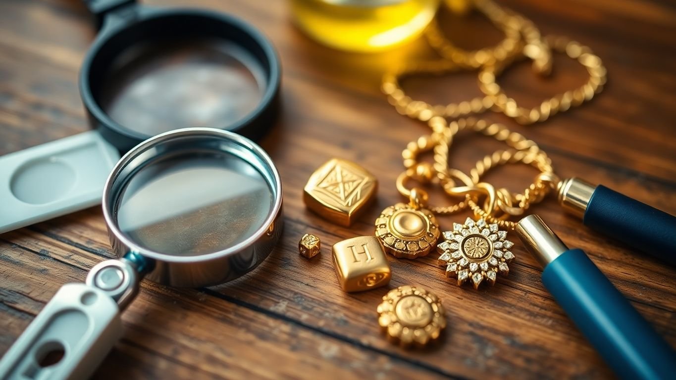 Close-up of gold jewelry with testing tools.Testing Gold Purity.