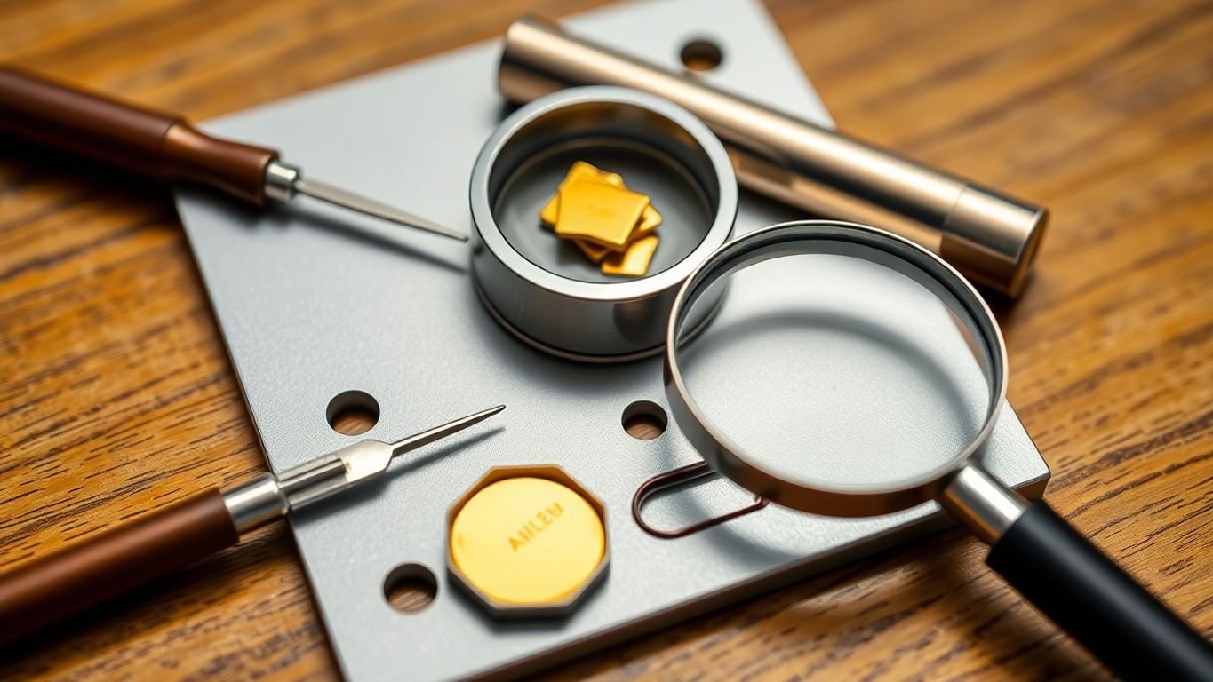 Gold testing kit with tools and a gold sample.