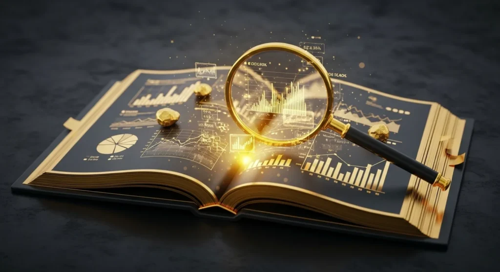 Gold bars and market research materials for comparing gold companies