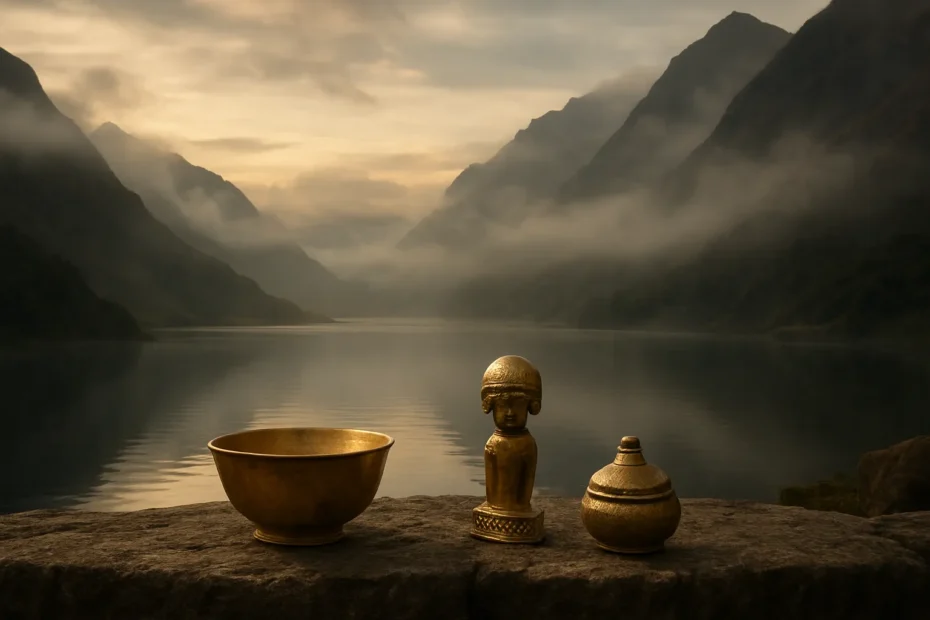 El Dorado legend featured image with Andean lake and ancient gold artifacts
