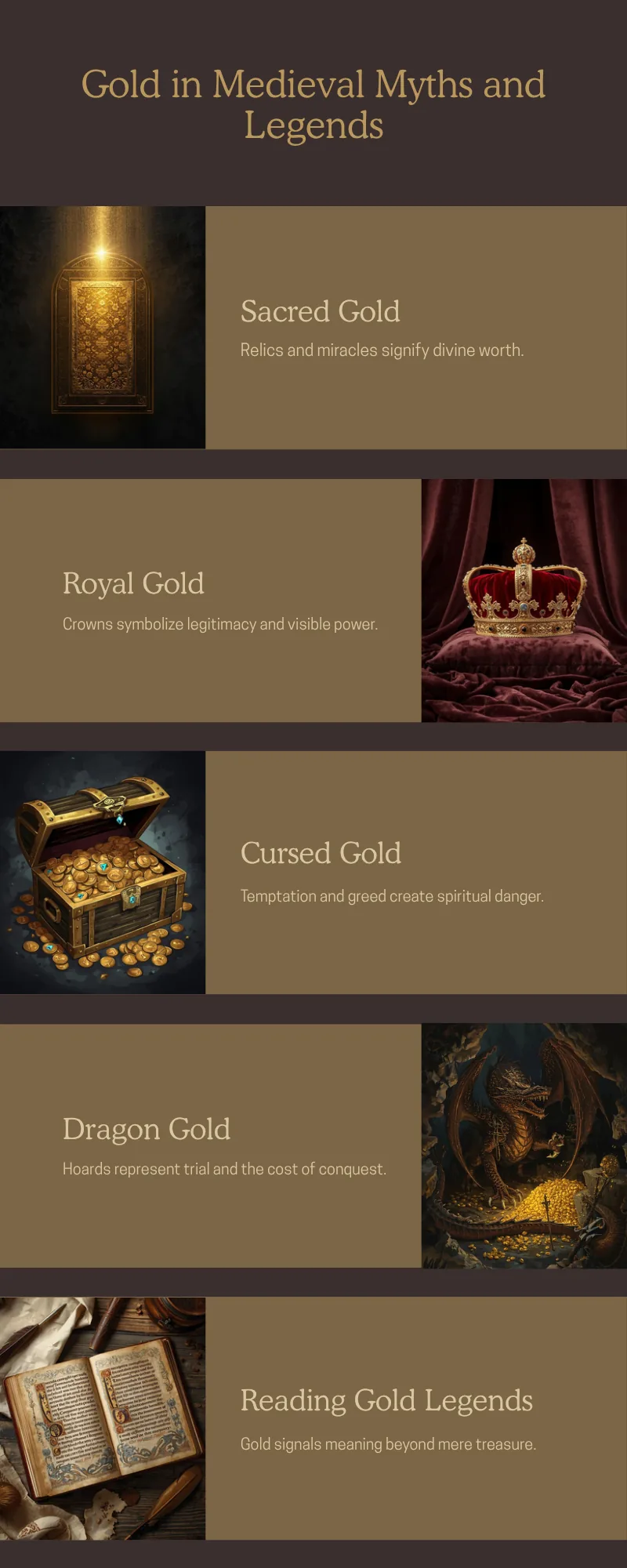 Infographic summarizing the symbolic roles of gold in medieval myths and legends, including sacred gold, royal gold, cursed gold, and dragon treasure
