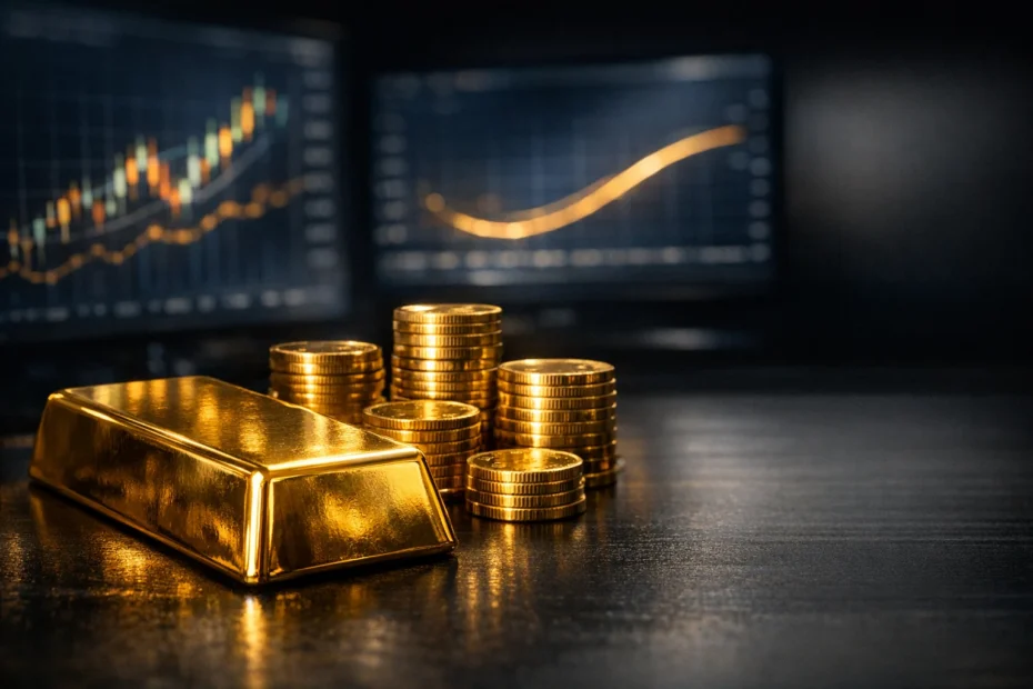 Gold bar and coins with market charts illustrating the key factors that move gold prices in 2026.