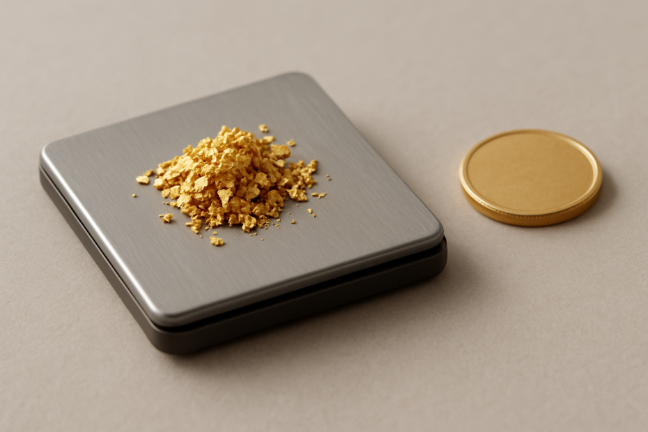 Tiny gold flakes on a precision weighing surface with a coin, illustrating how to value 14 milligrams of gold.