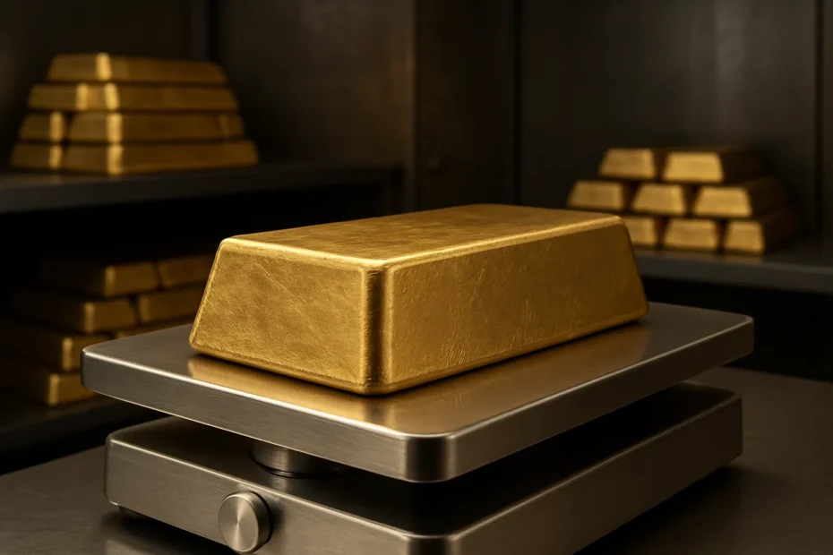 How much is a 12kg gold bar worth - featured image with large bullion bar in vault setting