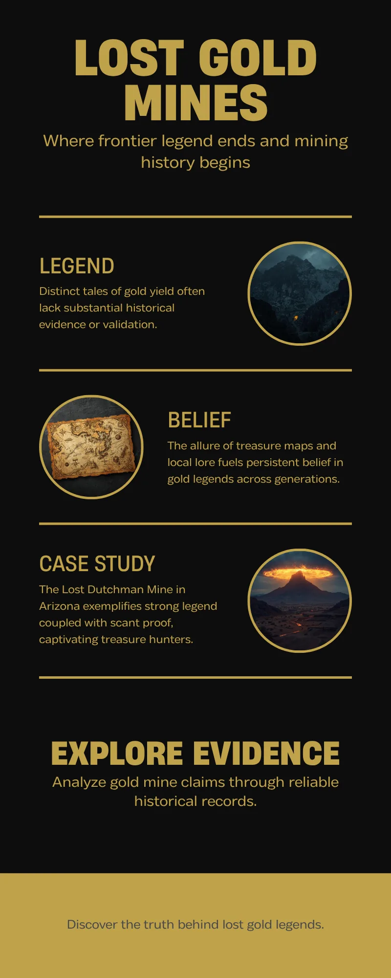 Infographic showing how to evaluate lost gold mine legends by evidence strength, including real districts, weak chains, and pure folklore