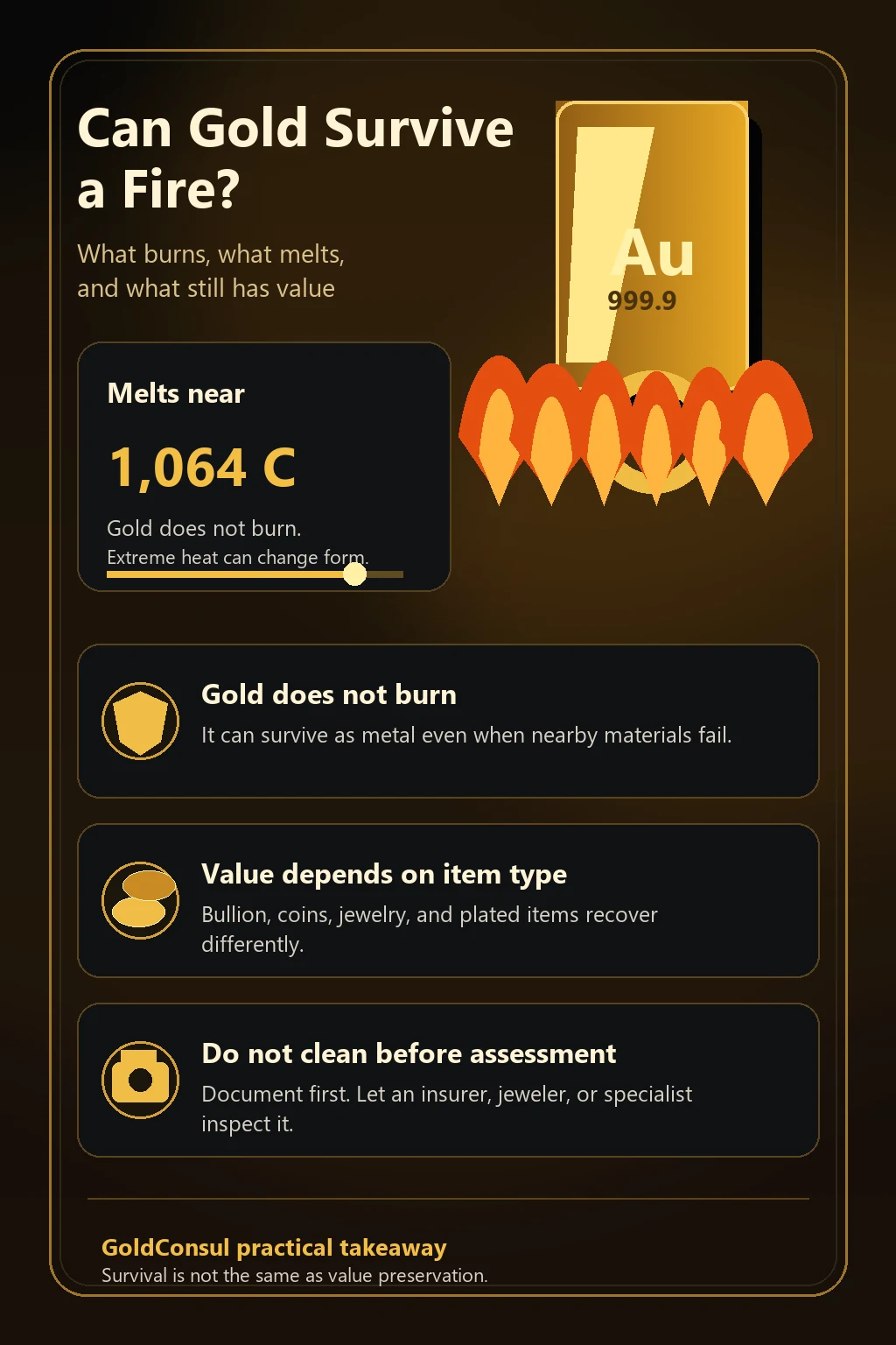 Infographic explaining whether gold can survive a fire, when gold melts, and how value depends on item type