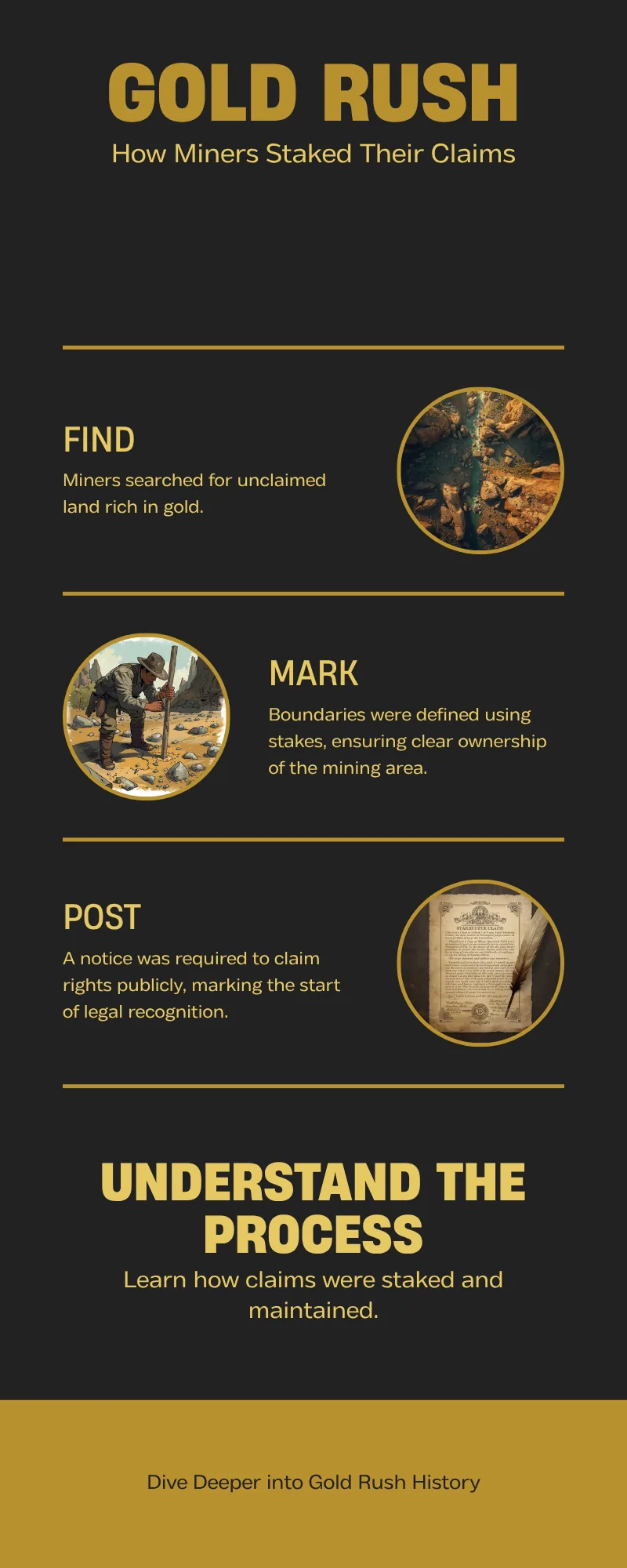 Infographic summarizing how miners staked and defended claims during the Gold Rush.