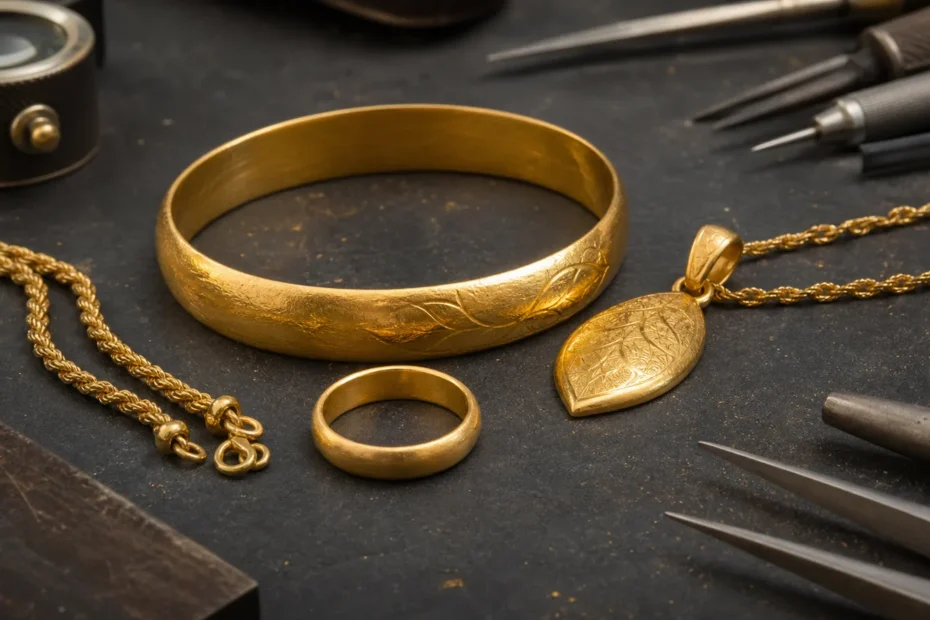 22K gold jewelry on a jeweler bench showing high purity yellow gold pieces