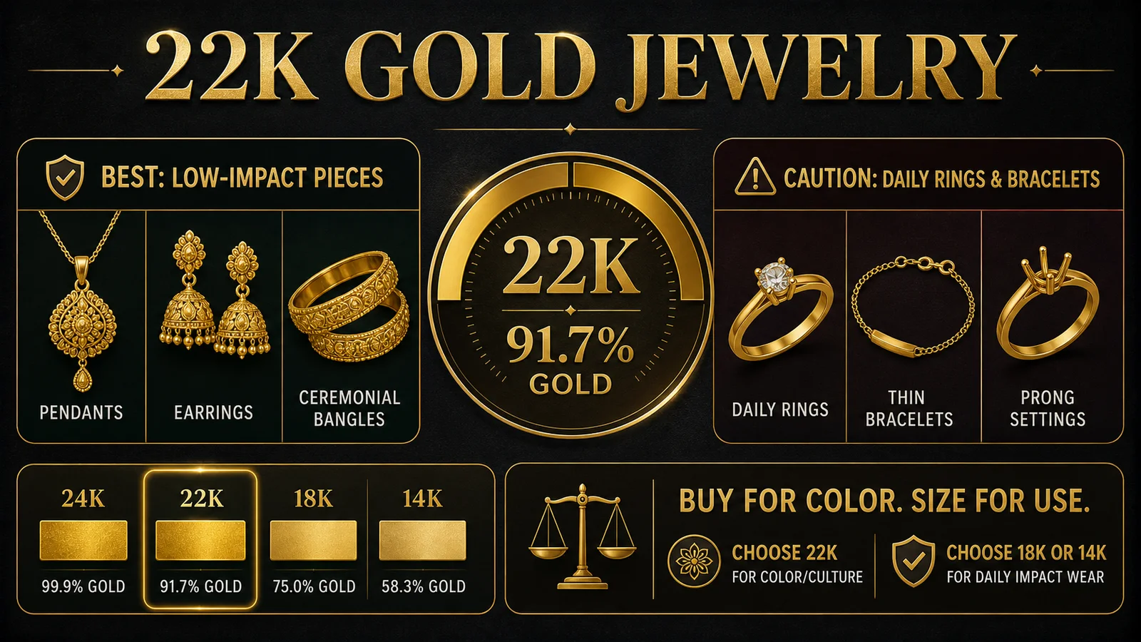 Infographic comparing best and higher risk uses for 22K gold jewelry