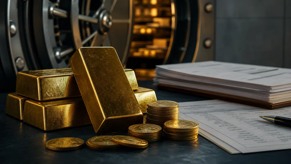 Gold bars and coins beside custody paperwork in front of a secure vault