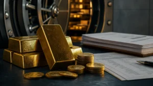 Gold bars and coins beside custody paperwork in front of a secure vault