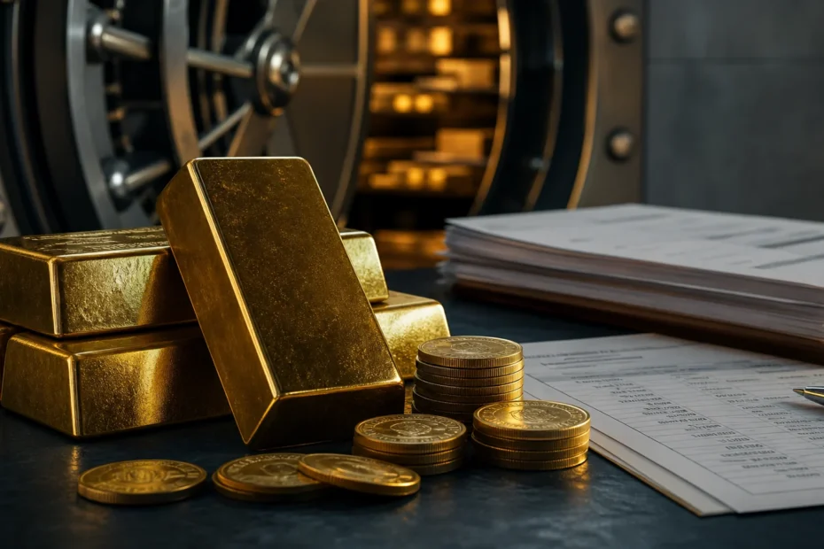 Gold bars and coins beside custody paperwork in front of a secure vault