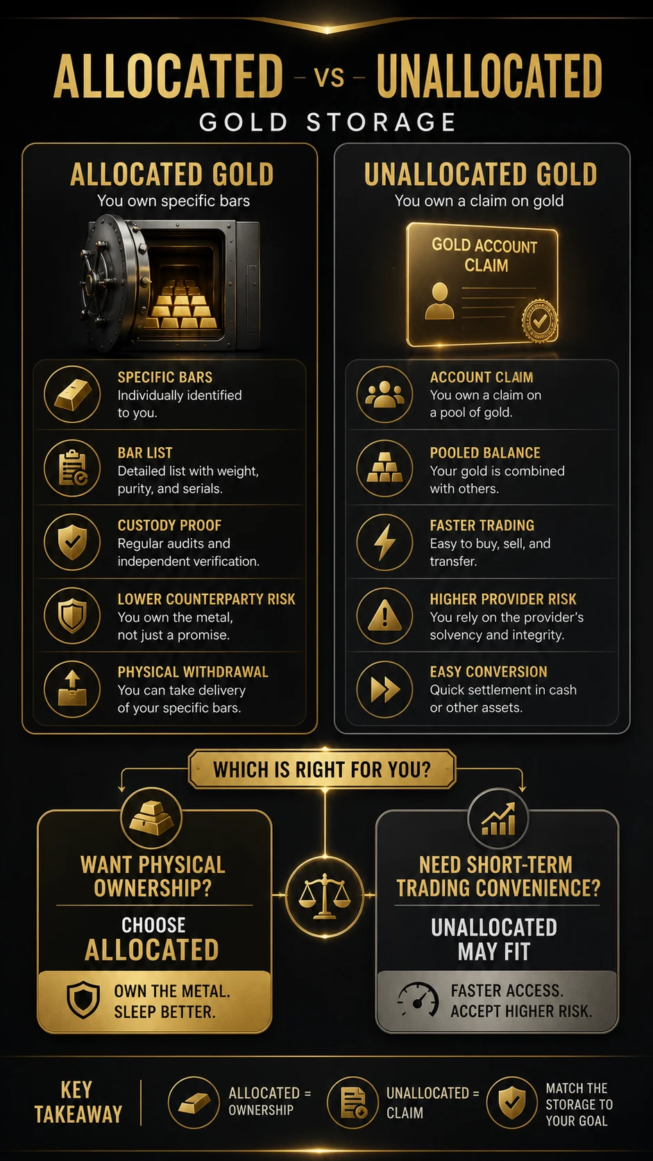 Infographic comparing allocated and unallocated gold storage ownership risk and withdrawal tradeoffs