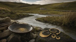 Gold mining in the ancient British Isles with river gold, Bronze Age ornaments, and Dolaucothi landscape
