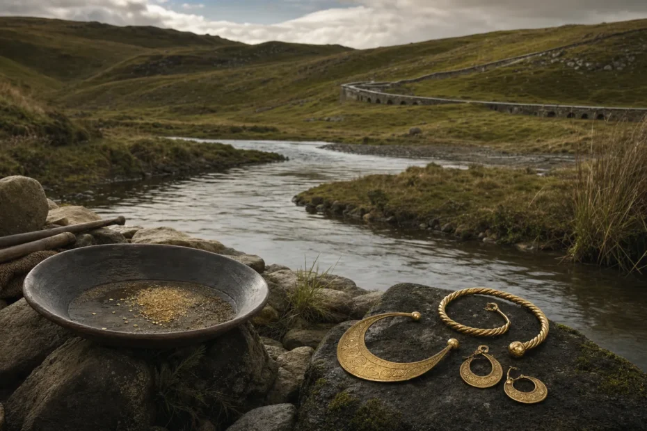 Gold mining in the ancient British Isles with river gold, Bronze Age ornaments, and Dolaucothi landscape
