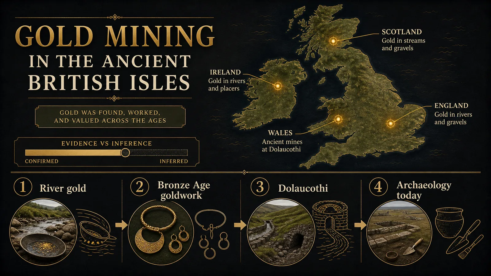 Infographic map and timeline explaining evidence for ancient British Isles gold mining