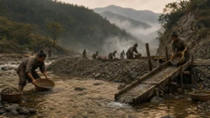 Ancient Chinese river gold mining with panning and wooden sluice