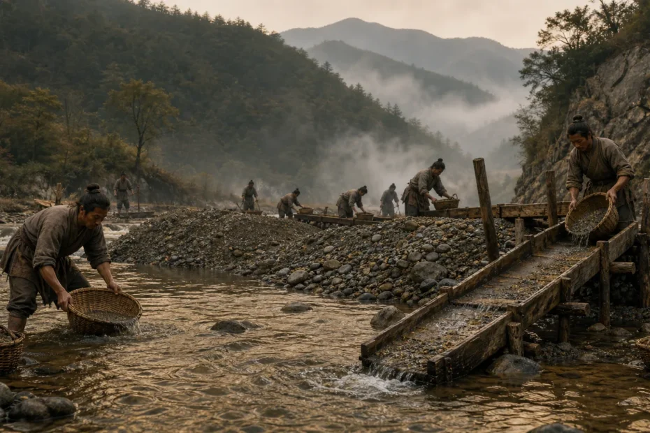 Ancient Chinese river gold mining with panning and wooden sluice