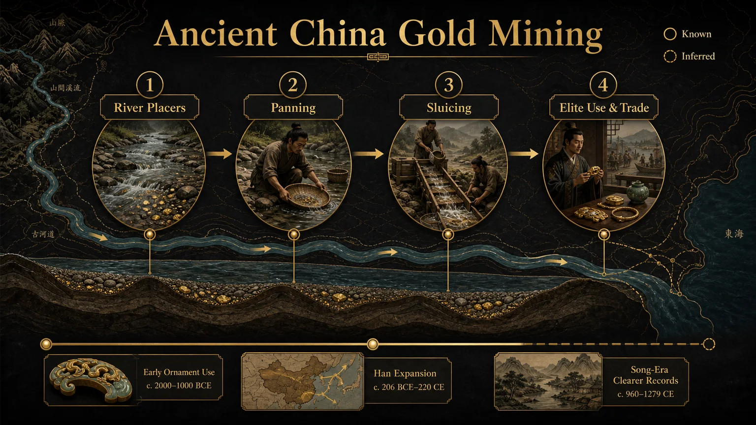 Infographic showing ancient China gold mining river placers, panning, sluicing, and elite trade uses