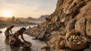 Ancient workers panning, sluicing, and mining gold-bearing rock beside a desert river