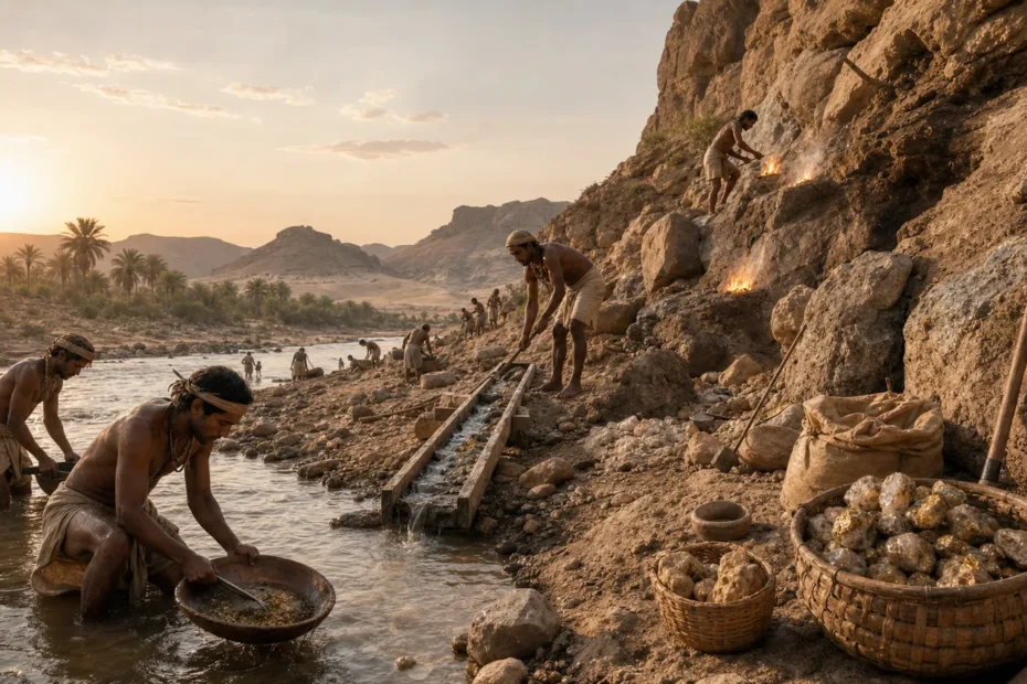 Ancient workers panning, sluicing, and mining gold-bearing rock beside a desert river